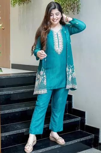 Rama beads work chinnon silk palazzo salwar suit set with koti
