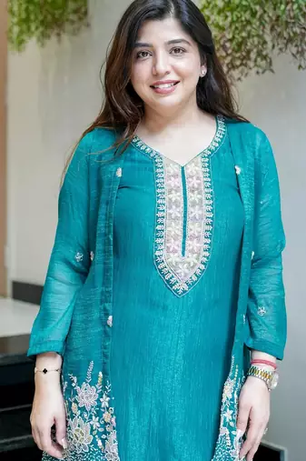 Rama beads work chinnon silk palazzo salwar suit set with koti