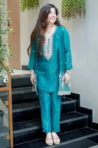 Rama beads work chinnon silk palazzo salwar suit set with koti