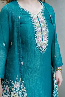 Rama beads work chinnon silk palazzo salwar suit set with koti 5