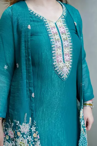 Rama beads work chinnon silk palazzo salwar suit set with koti