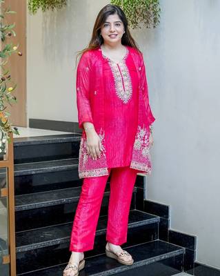 Rani beads work chinnon silk palazzo salwar suit set with koti 1