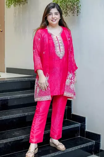 Rani beads work chinnon silk palazzo salwar suit set with koti