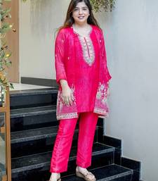 Rani beads work chinnon silk palazzo salwar suit set with koti