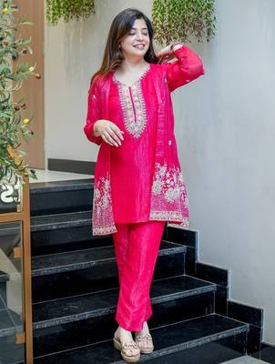 Rani beads work chinnon silk palazzo salwar suit set with koti 2