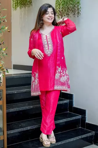 Rani beads work chinnon silk palazzo salwar suit set with koti