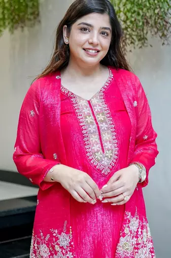 Rani beads work chinnon silk palazzo salwar suit set with koti
