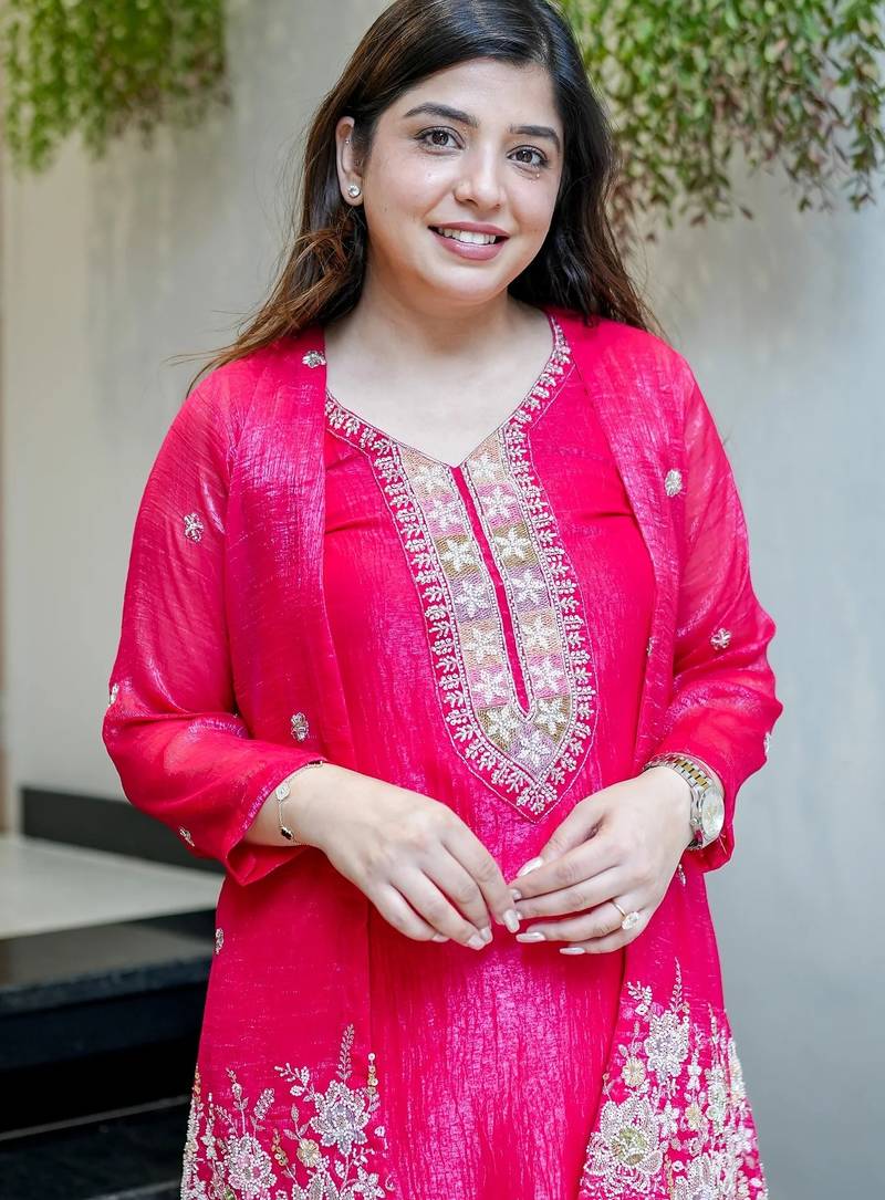 Rani beads work chinnon silk palazzo salwar suit set with koti