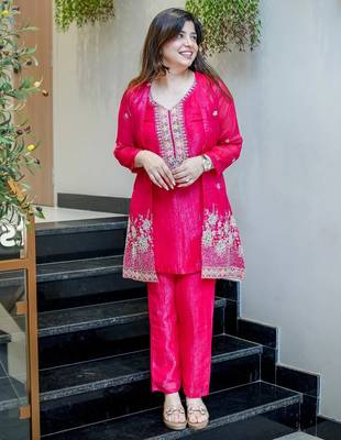 Rani beads work chinnon silk palazzo salwar suit set with koti 4