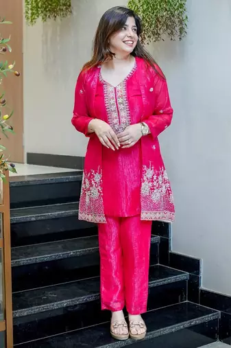 Rani beads work chinnon silk palazzo salwar suit set with koti