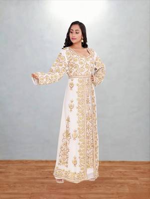 White & Gold Embroidered Moroccan Kaftan Dress 1