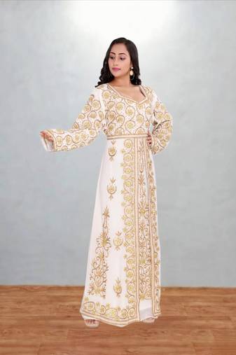 White & Gold Embroidered Moroccan Kaftan Dress