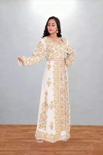 White & Gold Embroidered Moroccan Kaftan Dress