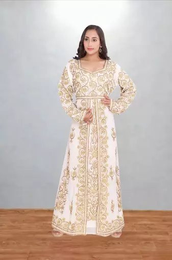 White & Gold Embroidered Moroccan Kaftan Dress