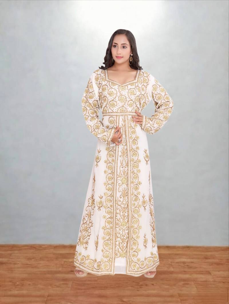 White & Gold Embroidered Moroccan Kaftan Dress