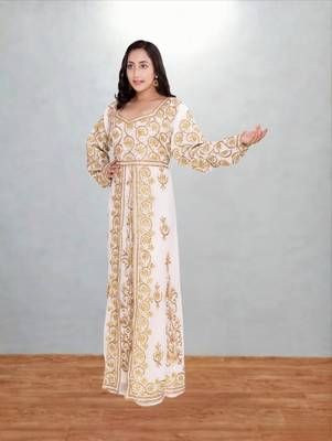 White & Gold Embroidered Moroccan Kaftan Dress 3