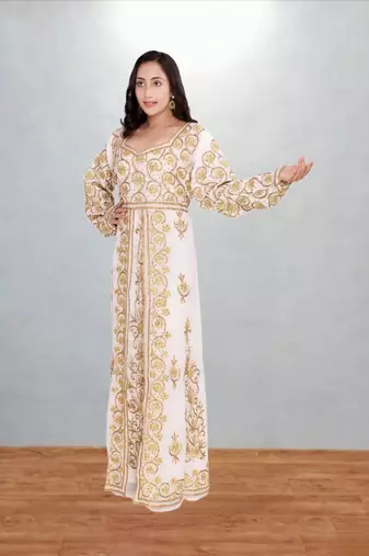 White & Gold Embroidered Moroccan Kaftan Dress