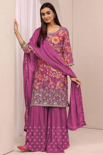 Pink embroidered chinon semi-stitched palazzo style salwar suit