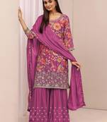 Pink embroidered chinon semi-stitched palazzo style salwar suit