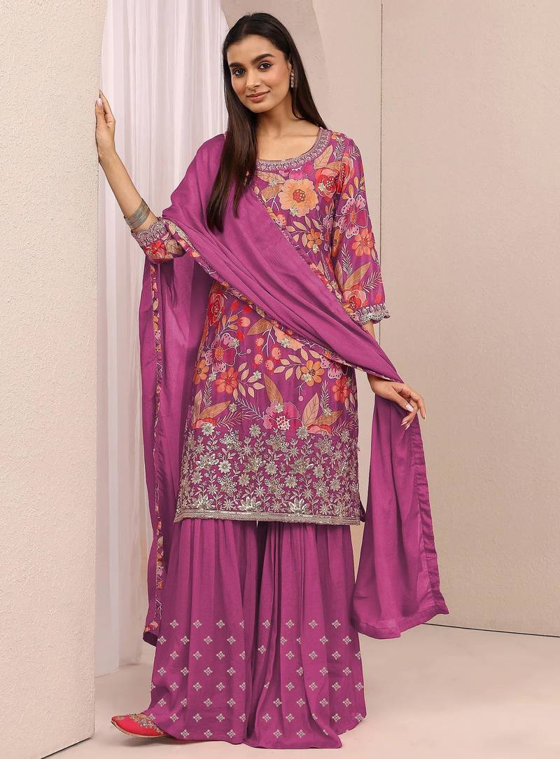 Pink embroidered chinon semi-stitched palazzo style salwar suit