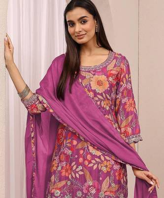 Pink embroidered chinon semi-stitched palazzo style salwar suit 2