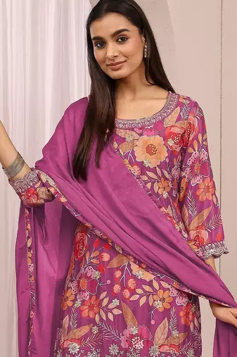 Pink embroidered chinon semi-stitched palazzo style salwar suit