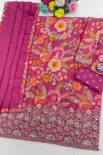 Pink embroidered chinon semi-stitched palazzo style salwar suit