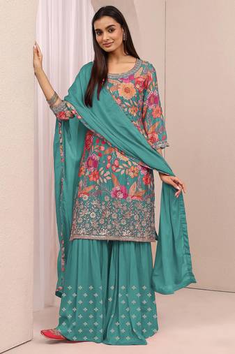 Sky blue embroidered chinon semi-stitched palazzo style salwar suit