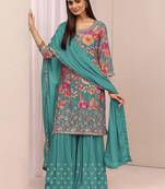 Sky blue embroidered chinon semi-stitched palazzo style salwar suit