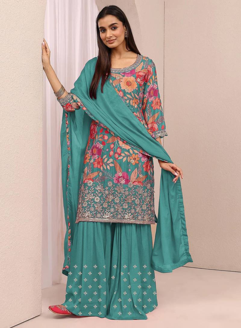 Sky blue embroidered chinon semi-stitched palazzo style salwar suit