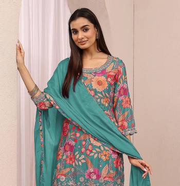 Sky blue embroidered chinon semi-stitched palazzo style salwar suit 2