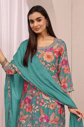 Sky blue embroidered chinon semi-stitched palazzo style salwar suit