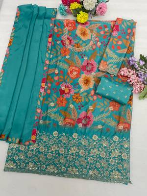 Sky blue embroidered chinon semi-stitched palazzo style salwar suit 3