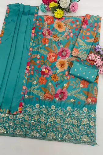 Sky blue embroidered chinon semi-stitched palazzo style salwar suit