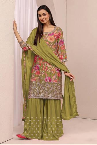 Olive green embroidered chinon semi-stitched palazzo style salwar suit