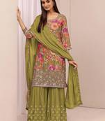 Olive green embroidered chinon semi-stitched palazzo style salwar suit