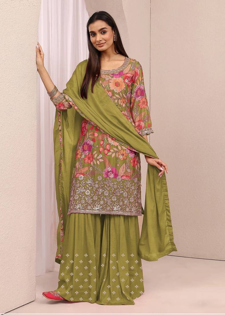 Olive green embroidered chinon semi-stitched palazzo style salwar suit