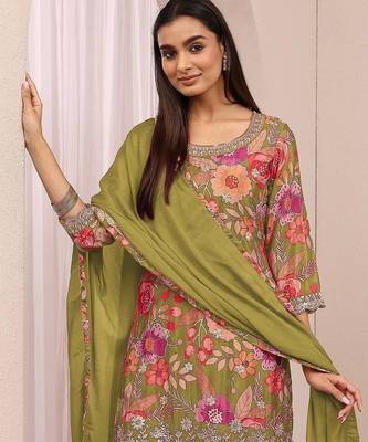 Olive green embroidered chinon semi-stitched palazzo style salwar suit 2