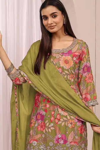 Olive green embroidered chinon semi-stitched palazzo style salwar suit