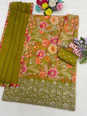 Olive green embroidered chinon semi-stitched palazzo style salwar suit 3