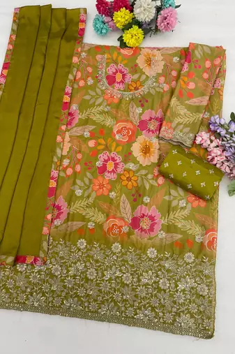 Olive green embroidered chinon semi-stitched palazzo style salwar suit