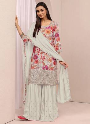 White embroidered chinon semi-stitched palazzo style salwar suit 1
