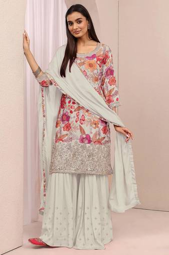 White embroidered chinon semi-stitched palazzo style salwar suit