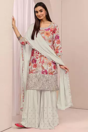 White embroidered chinon semi-stitched palazzo style salwar suit