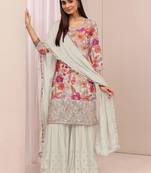 White embroidered chinon semi-stitched palazzo style salwar suit