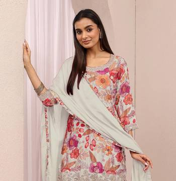White embroidered chinon semi-stitched palazzo style salwar suit 2