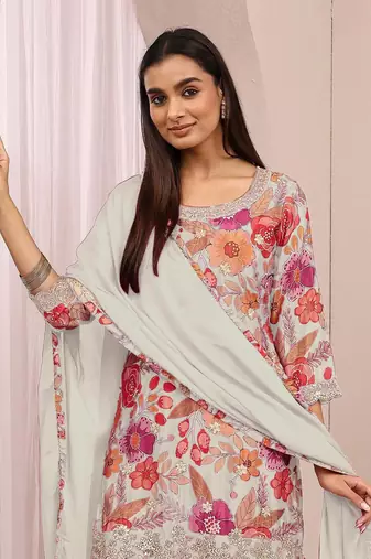 White embroidered chinon semi-stitched palazzo style salwar suit