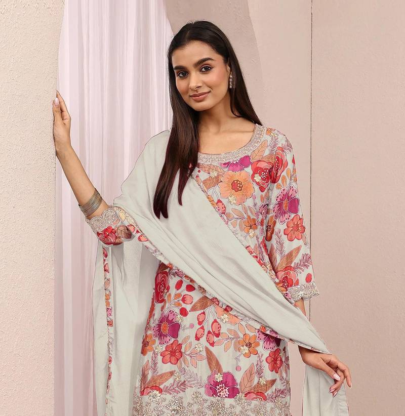 White embroidered chinon semi-stitched palazzo style salwar suit