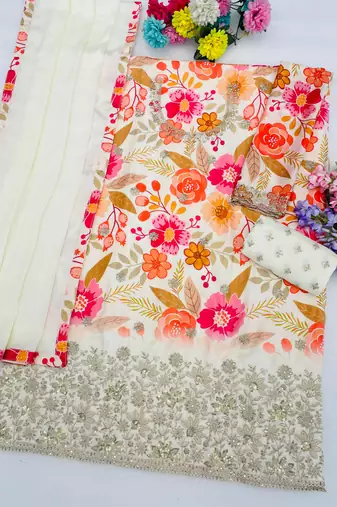 White embroidered chinon semi-stitched palazzo style salwar suit
