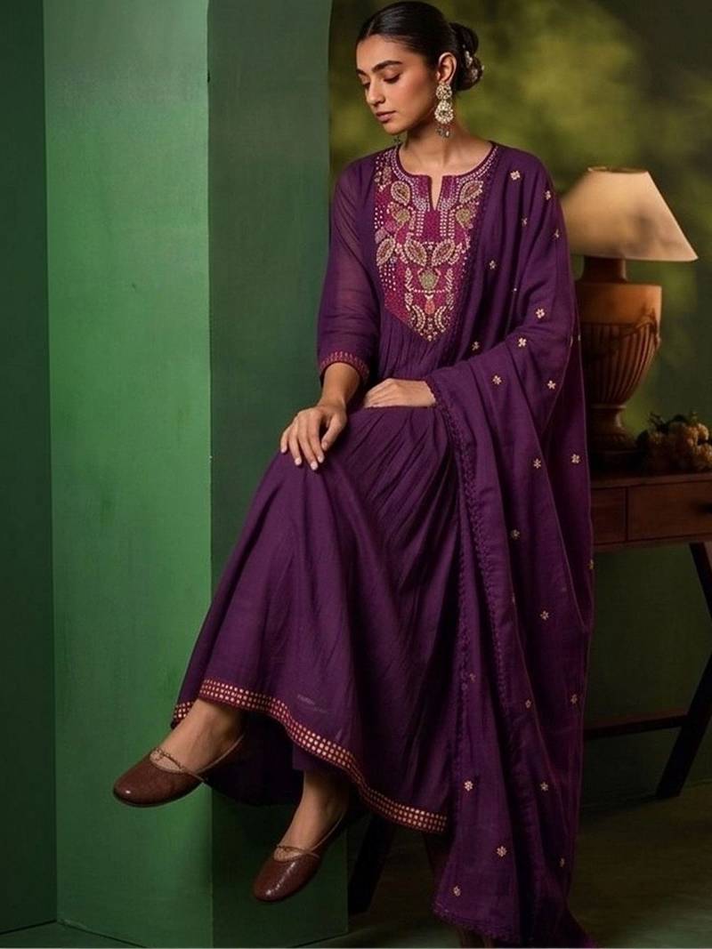 Women Ethnic Motifs Embroidered Empire Thread Work Kurta with Trousers & With Dupatta